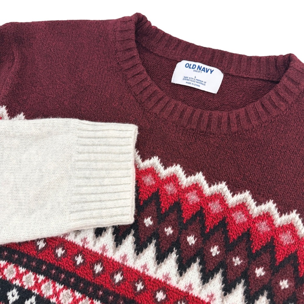 Old Navy SoSoft Sweater Men L Burgundy Fair Isle Crewneck Knit Pullover NEW